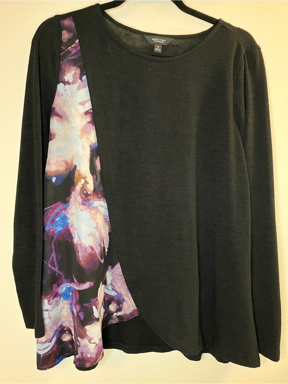 Simply Vera Vera Wang Black Long Sleeve Top with Purple Floral Panel